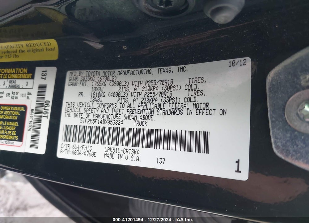 2013 TOYOTA TUNDRA VIN: 5TFRM5F14DX053824