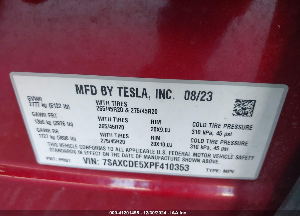 2023 TESLA MODEL X VIN: 7SAXCDE5XPF410353
