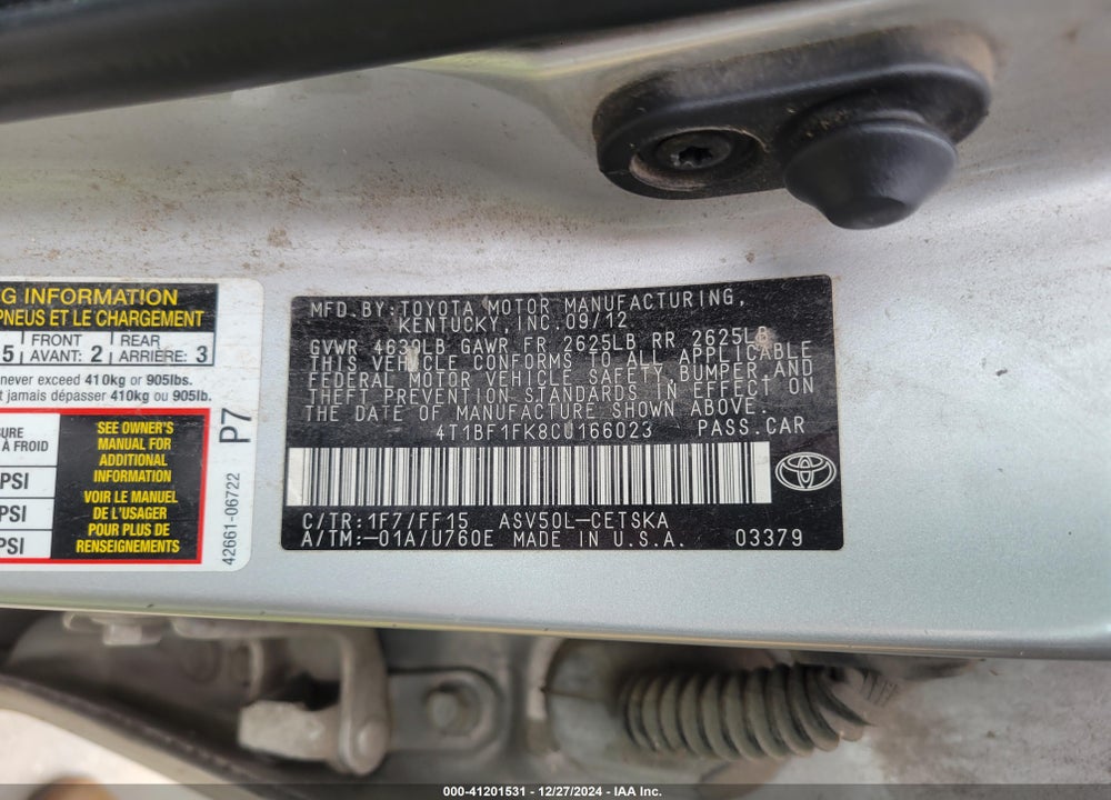 2012 TOYOTA CAMRY SE/LE/XLE VIN: 4T1BF1FK8CU166023