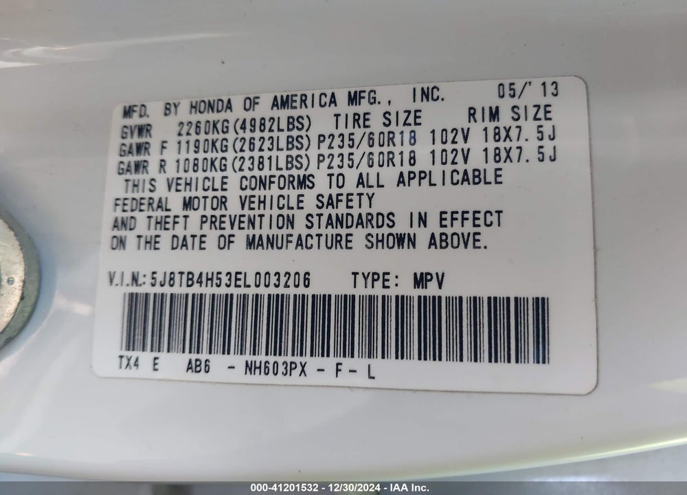 2014 ACURA RDX VIN: 5J8TB4H53EL003206