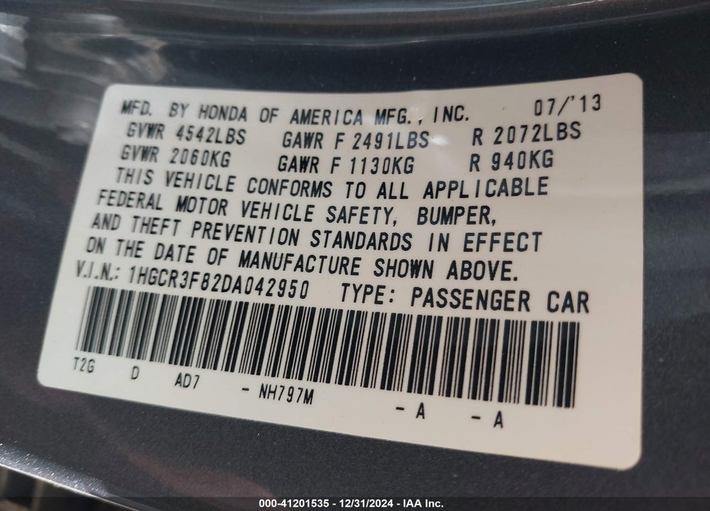 2013 HONDA ACCORD EX-L V-6 VIN: 1HGCR3F82DA042950
