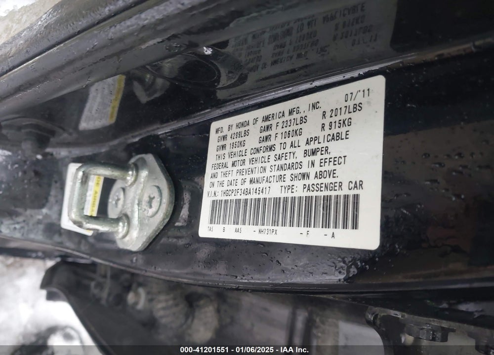 2011 HONDA ACCORD 2.4 LX VIN: 1HGCP2F34BA145417
