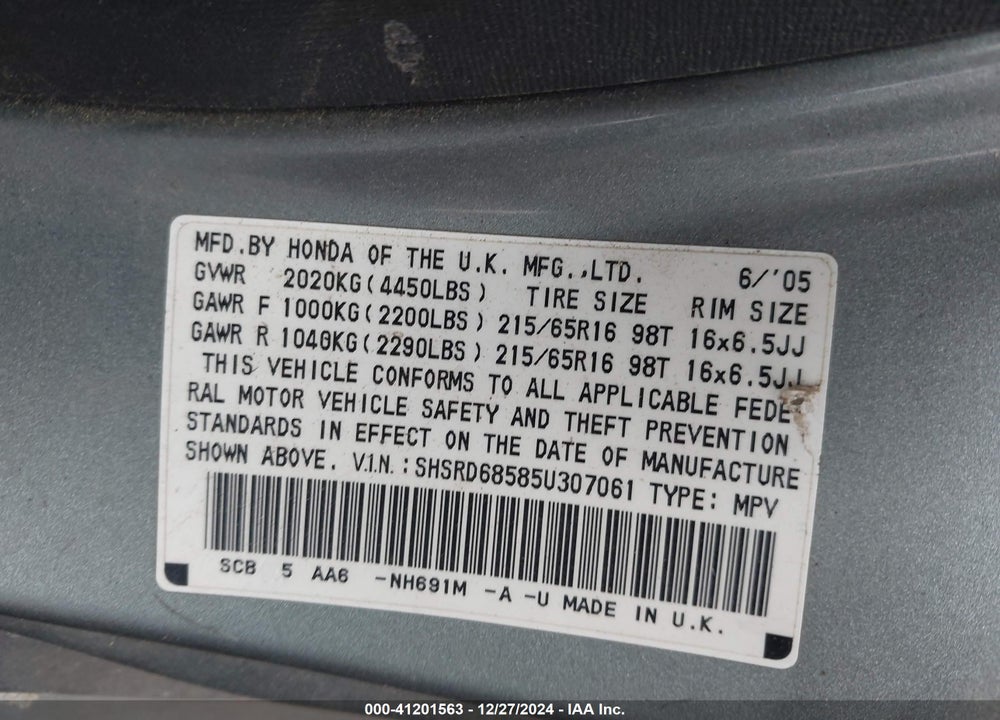 2005 HONDA CR-V LX VIN: SHSRD68585U307061