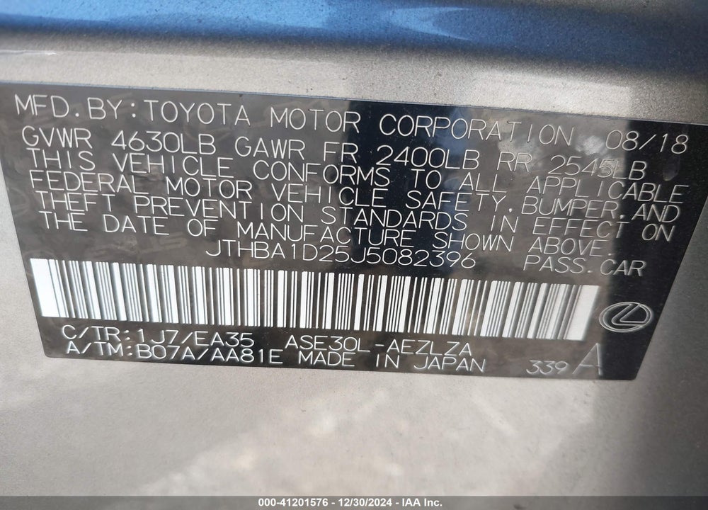 2018 LEXUS IS 300 VIN: JTHBA1D25J5082396