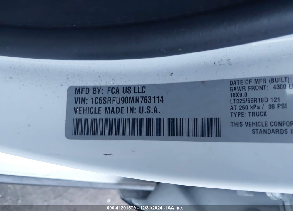 2021 RAM 1500 VIN: 1C6SRFU90MN763114