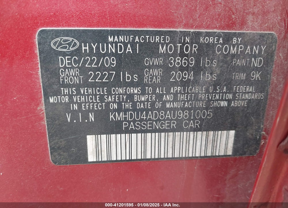 2010 HYUNDAI ELANTRA GLS VIN: KMHDU4AD8AU981005