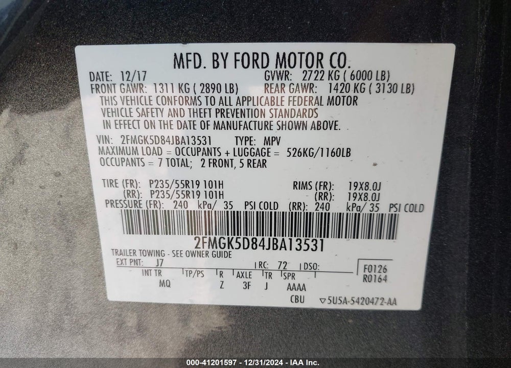 2018 FORD FLEX LIMITED VIN: 2FMGK5D84JBA13531