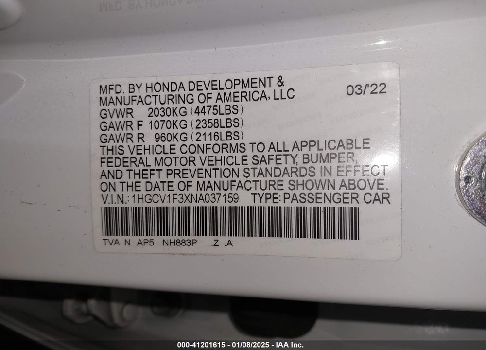 2022 HOND ACCORD SEDAN SPORT W VIN: 1HGCV1F3XNA037159
