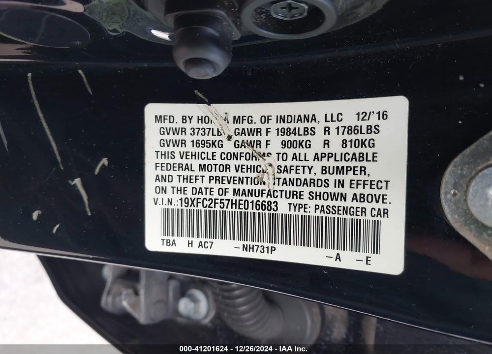 2017 HONDA CIVIC VIN: 19XFC2F57HE016683