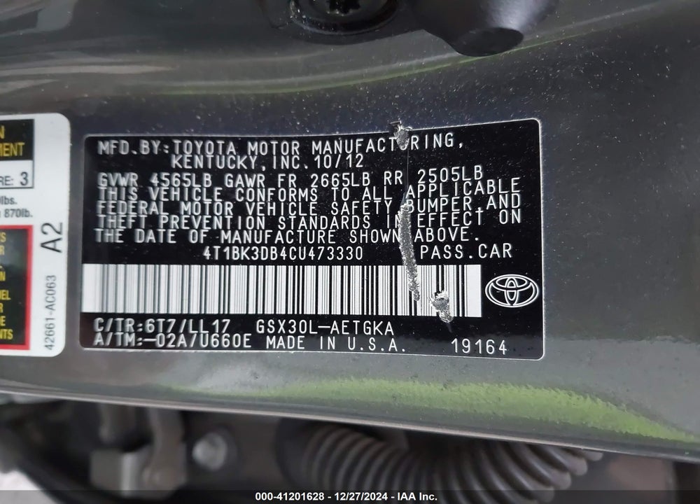 2012 TOYOTA AVALON VIN: 4T1BK3DB4CU473330