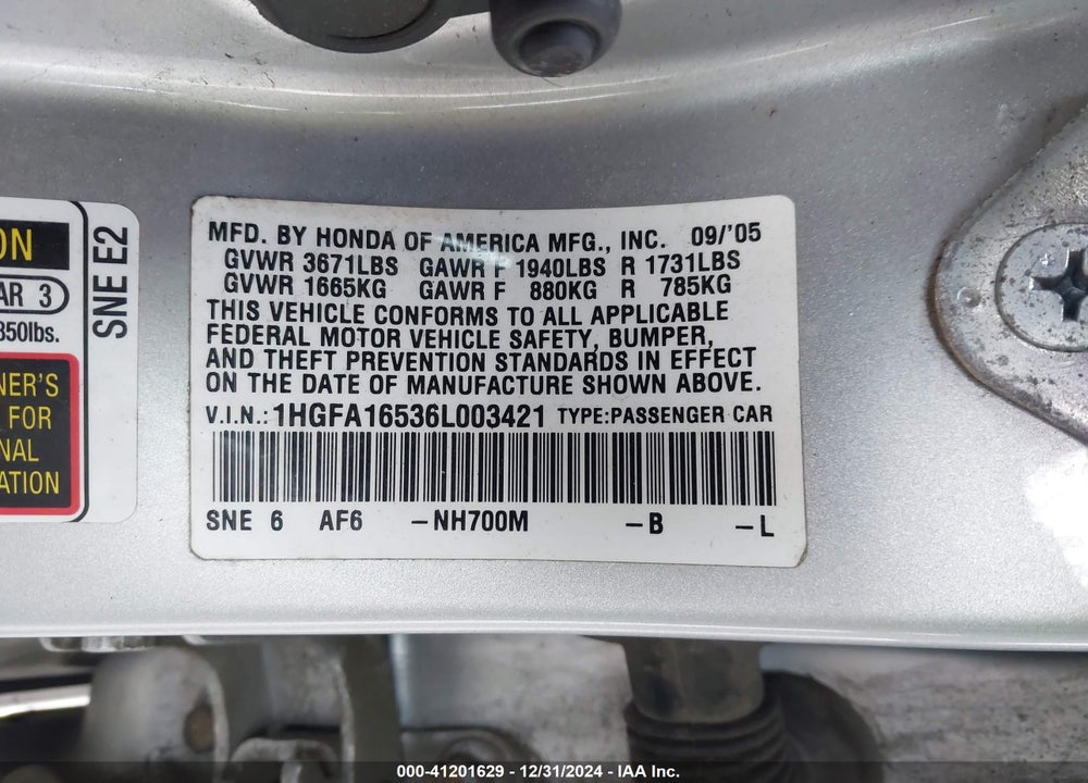 2006 HONDA CIVIC LX VIN: 1HGFA16536L003421