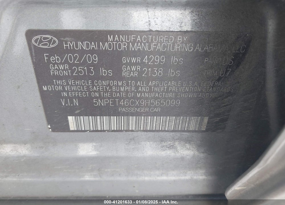 2009 HYUNDAI SONATA GLS VIN: 5NPET46CX9H565099