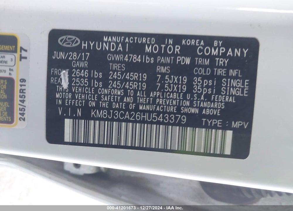 2017 HYUNDAI TUCSON NIGHT VIN: KM8J3CA26HU543379