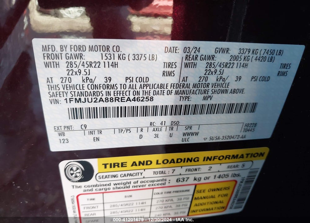 2024 FORD EXPEDITION LIMITED VIN: 1FMJU2A88REA46258