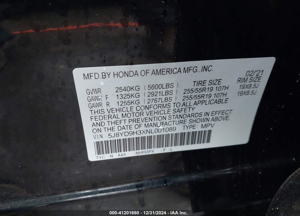2022 ACURA MDX STANDARD VIN: 5J8YD9H3XNL001089