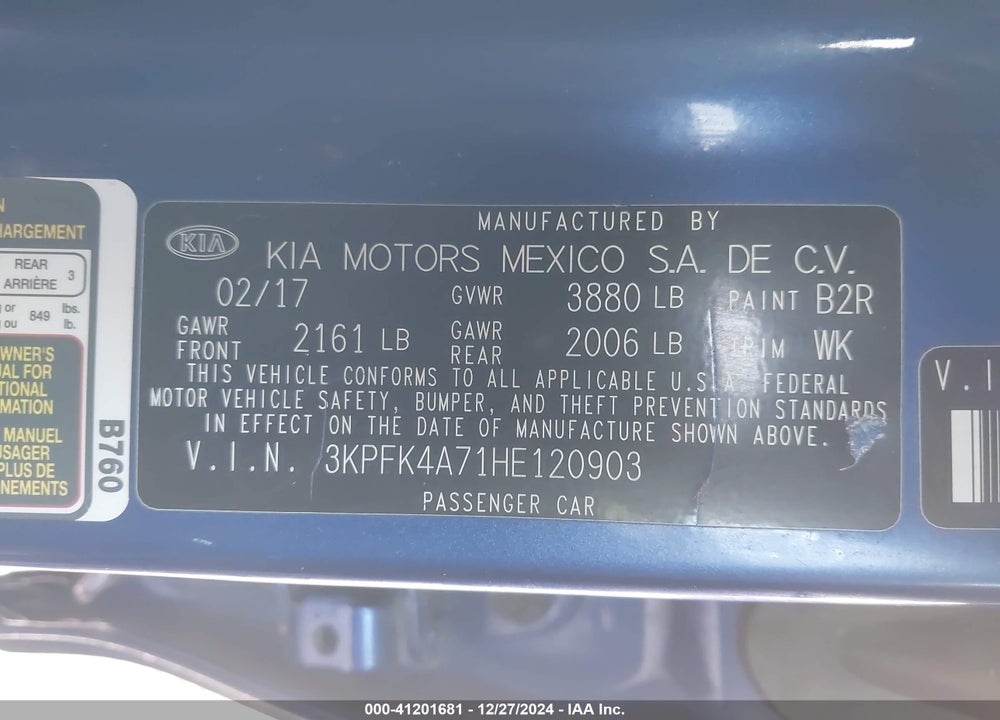 2017 KIA FORTE LX VIN: 3KPFK4A71HE120903