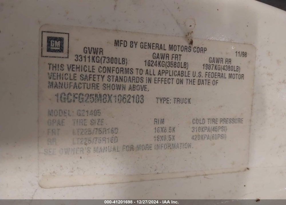 1999 CHEVROLET EXPRESS VIN: 1GCFG25M8X1062103