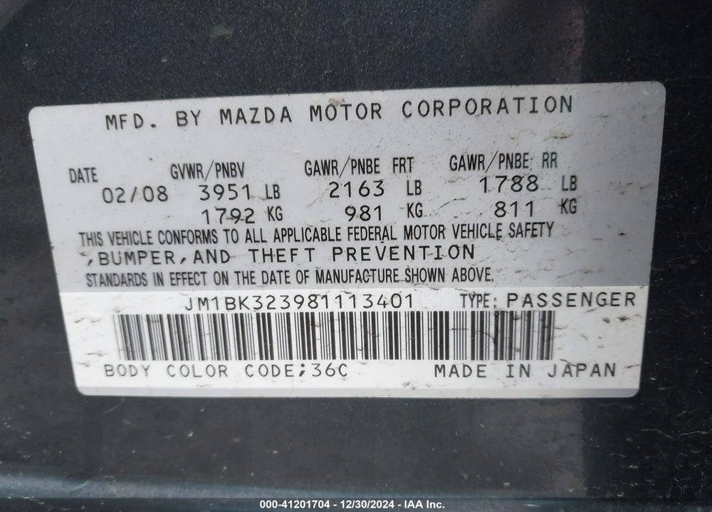 2008 MAZDA 3 S GRAND TOURING VIN: JM1BK323981113401