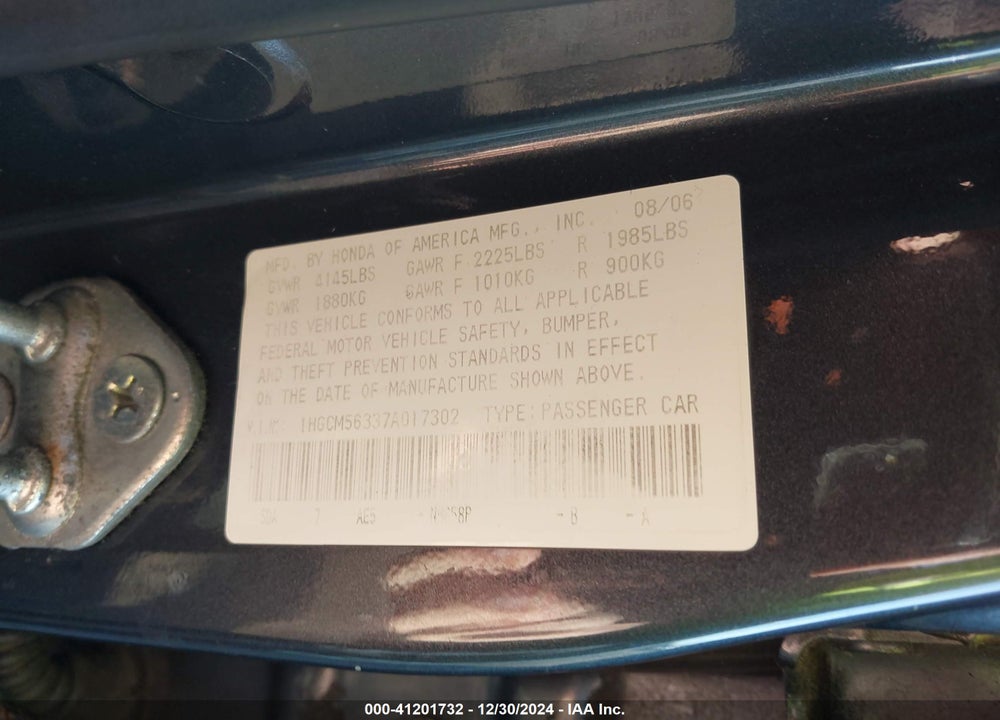 2007 HONDA ACCORD VIN: 1HGCM56337A017302