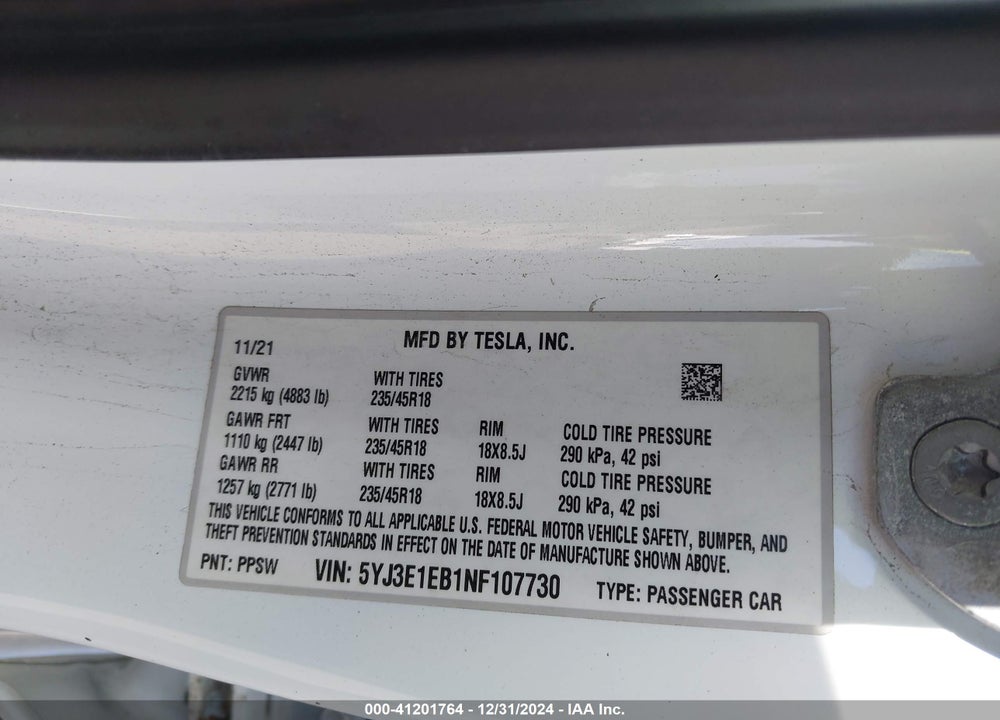 2022 TESLA MODEL 3 LONG RANGE DUAL MOTOR ALL-WHEEL DRIVE VIN: 5YJ3E1EB1NF107730