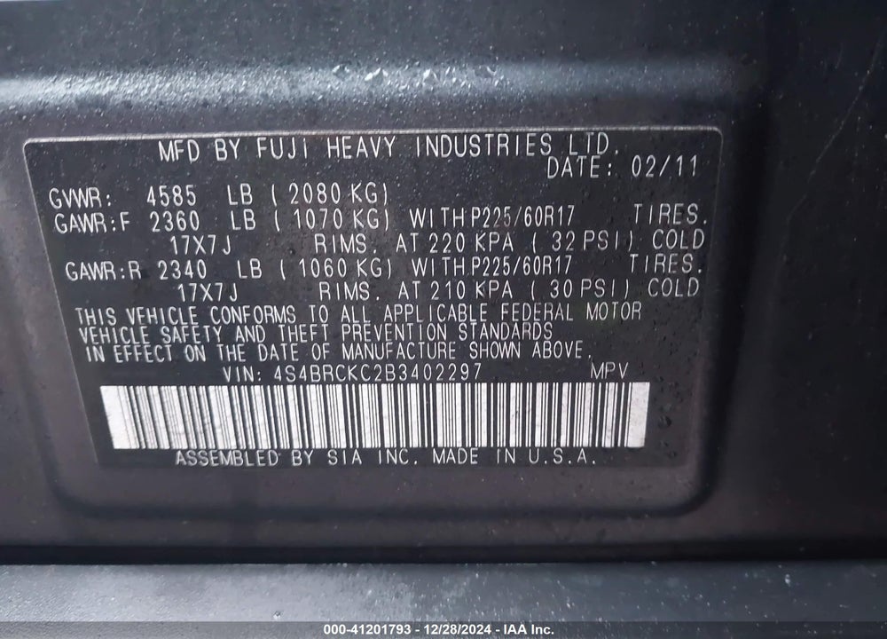 2011 SUBARU OUTBACK 2.5I LIMITED VIN: 4S4BRCKC2B3402297