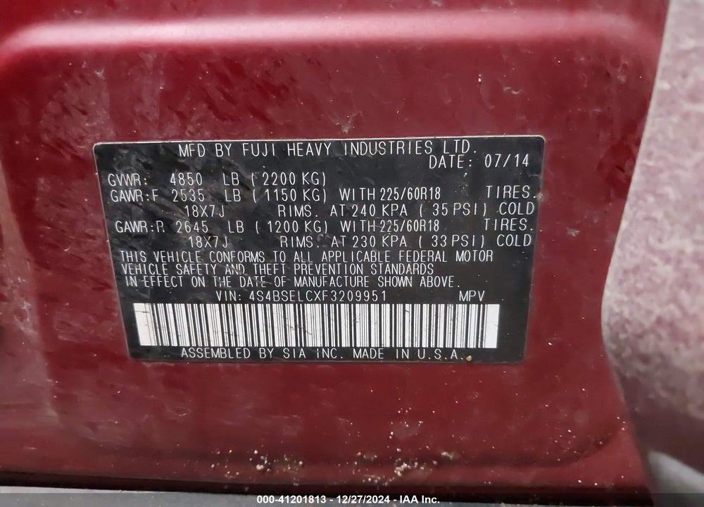 2015 SUBARU OUTBACK 3.6R LIMITED VIN: 4S4BSELCXF3209951