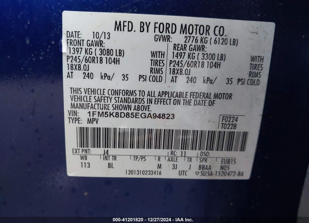 2014 FORD EXPLORER XLT VIN: 1FM5K8D85EGA94823