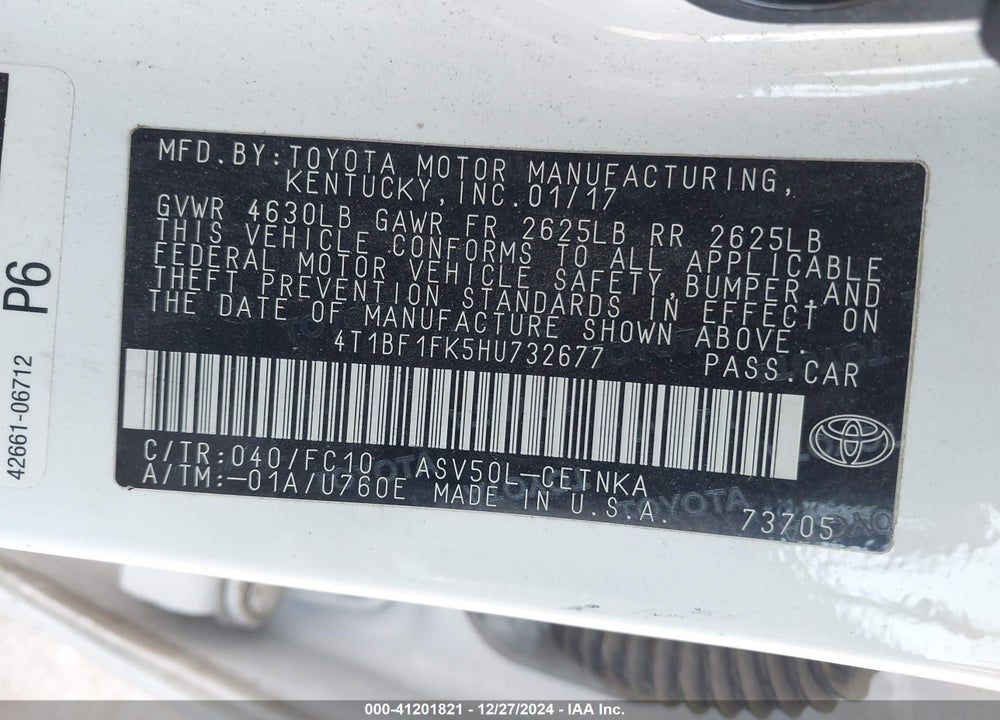 2017 TOYOTA CAMRY LE VIN: 4T1BF1FK5HU732677