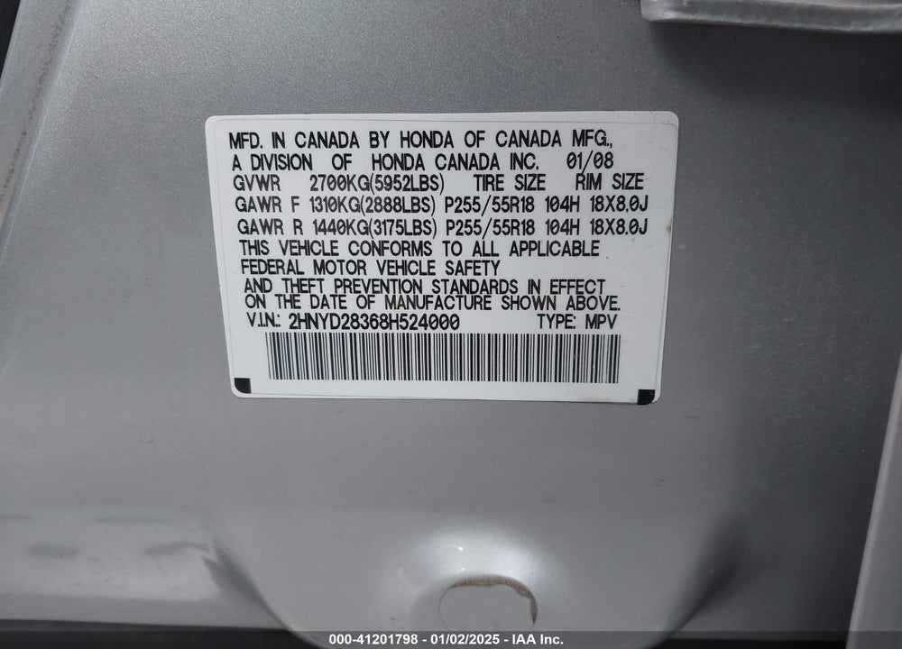 2008 ACURA MDX TECHNOLOGY PACKAGE VIN: 2HNYD28368H524000