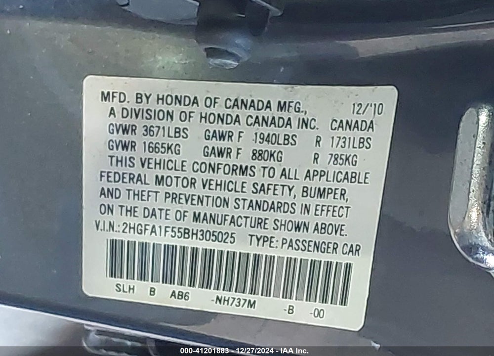 2011 HONDA CIVIC LX VIN: 2HGFA1F55BH305025