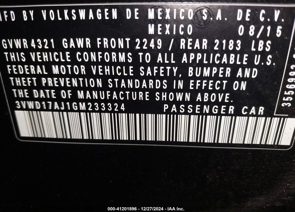2016 VOLKSWAGEN JETTA VIN: 3VWD17AJ1GM233324