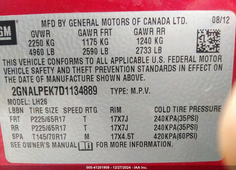 2013 CHEVROLET EQUINOX 2LT VIN: 2GNALPEK7D1134889
