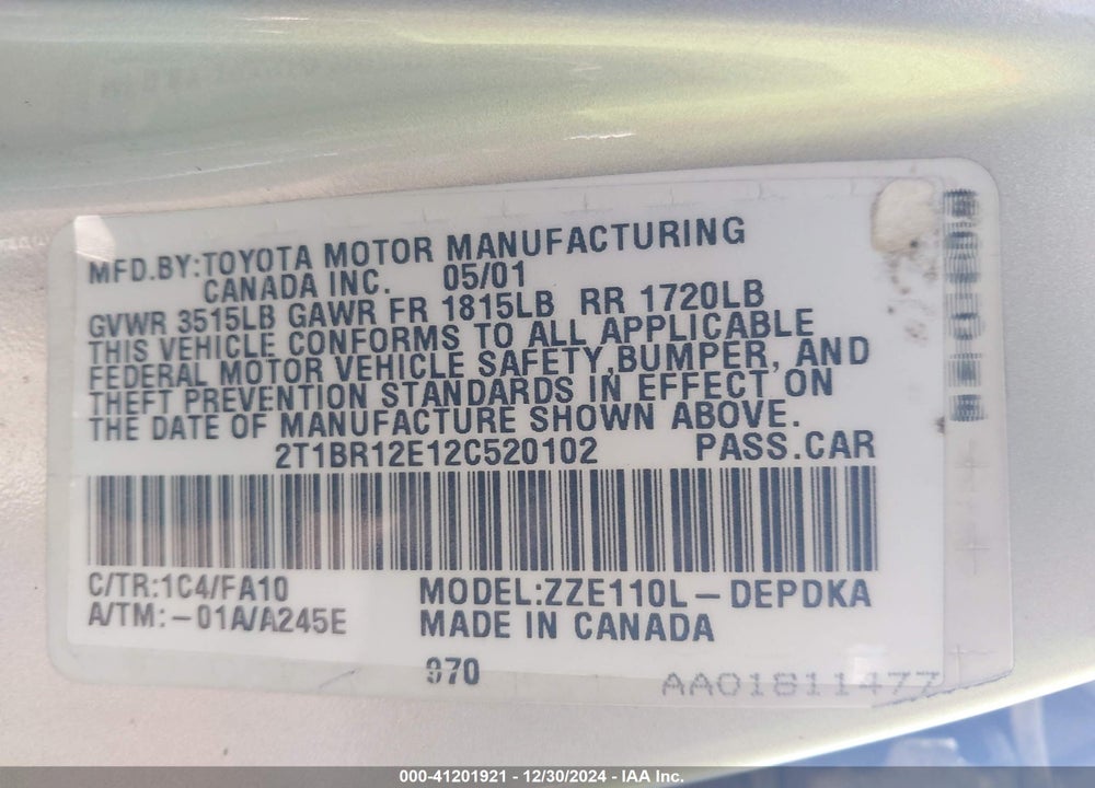 2002 TOYOTA COROLLA LE VIN: 2T1BR12E12C520102
