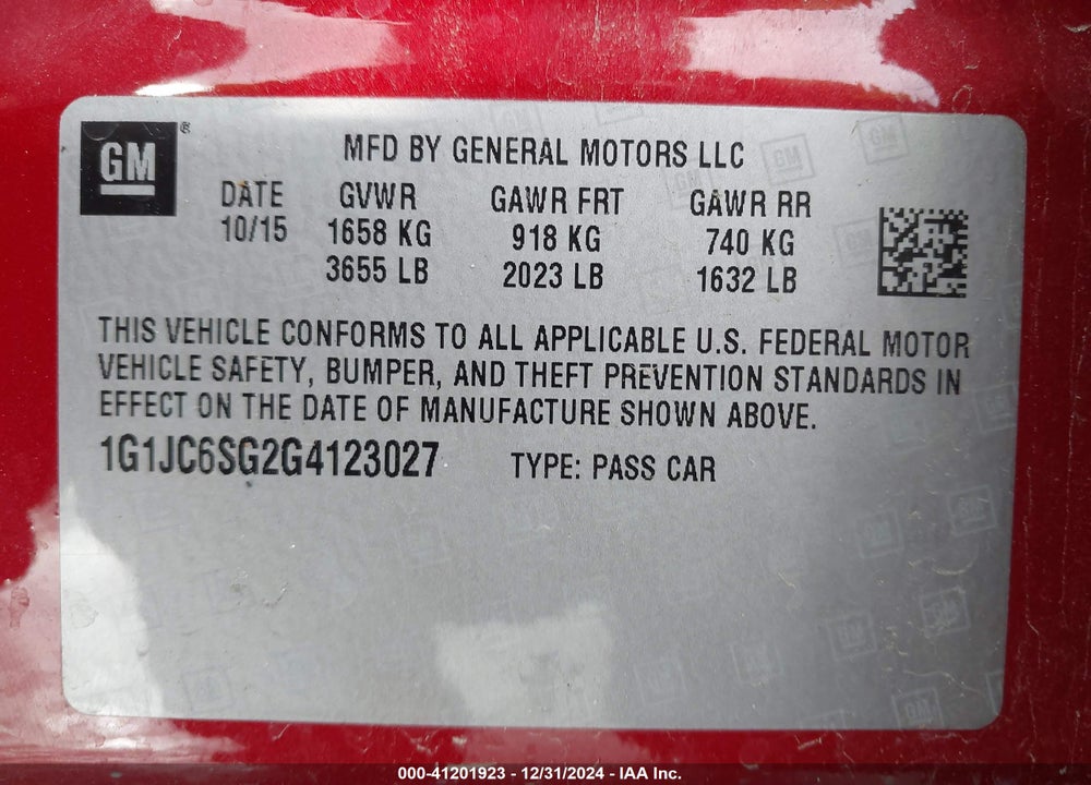 2016 CHEVROLET SONIC VIN: 1G1JC6SG2G4123027