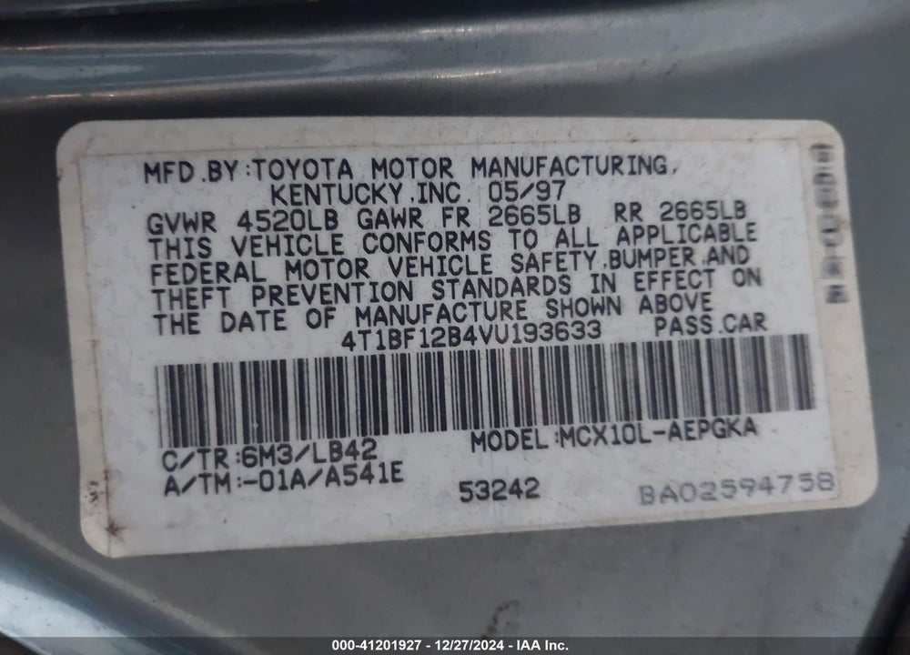 1997 TOYOTA AVALON XLS VIN: 4T1BF12B4VU193633