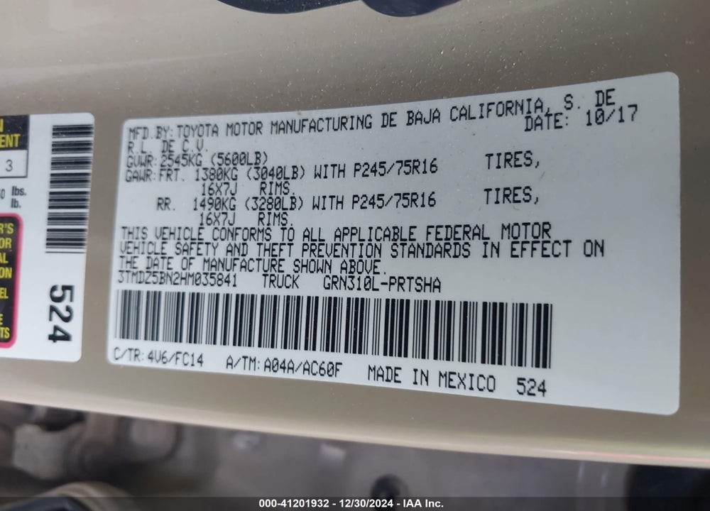2017 TOYOTA TACOMA VIN: 3TMDZ5BN2HM035841