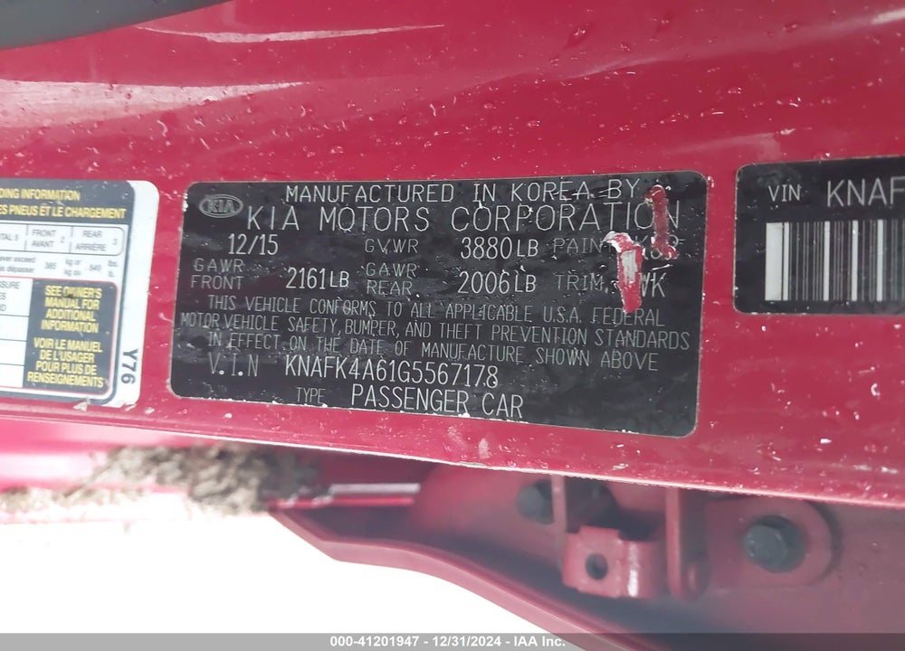 2016 KIA FORTE VIN: KNAFK4A61G5567178