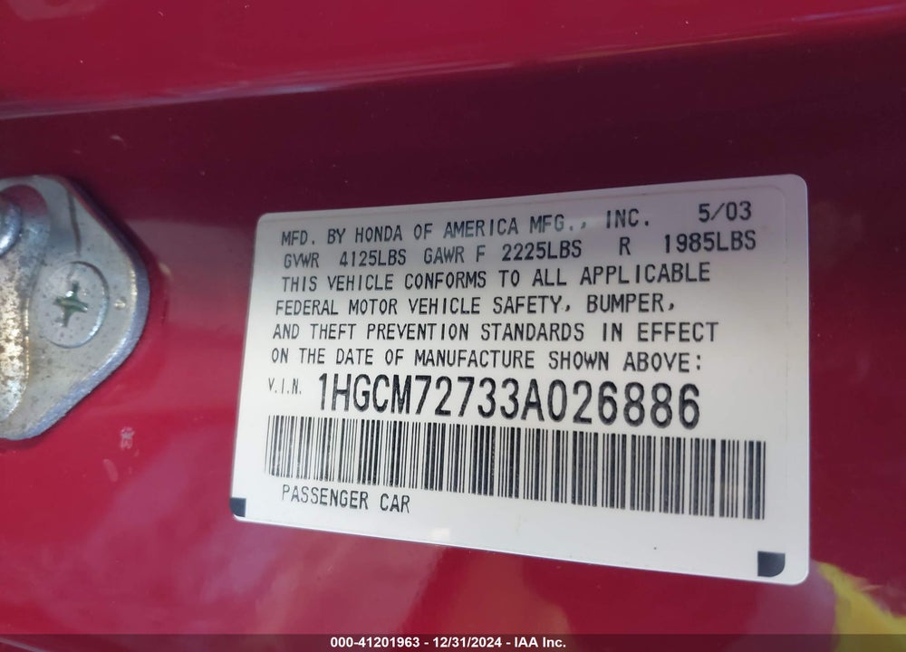 2003 HONDA ACCORD 2.4 EX VIN: 1HGCM72733A026886