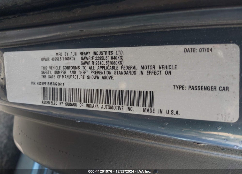 2005 SUBARU LEGACY 2.5I VIN: 4S3BP616357323614