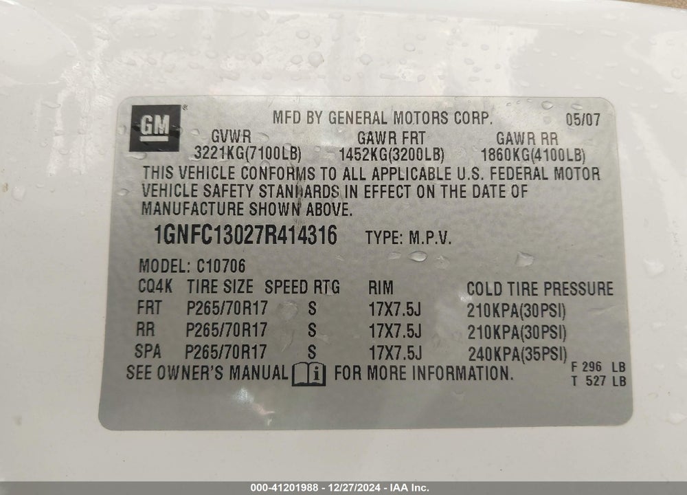 2007 CHEVROLET TAHOE LT VIN: 1GNFC13027R414316