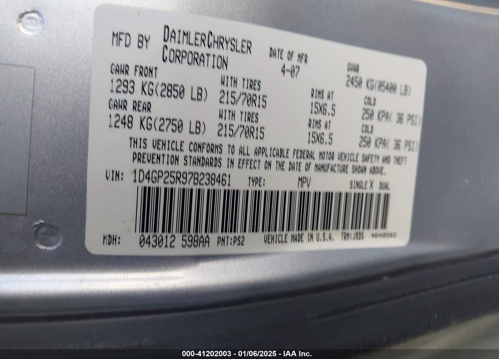 2007 DODGE CARAVAN SE VIN: 1D4GP25R97B238461