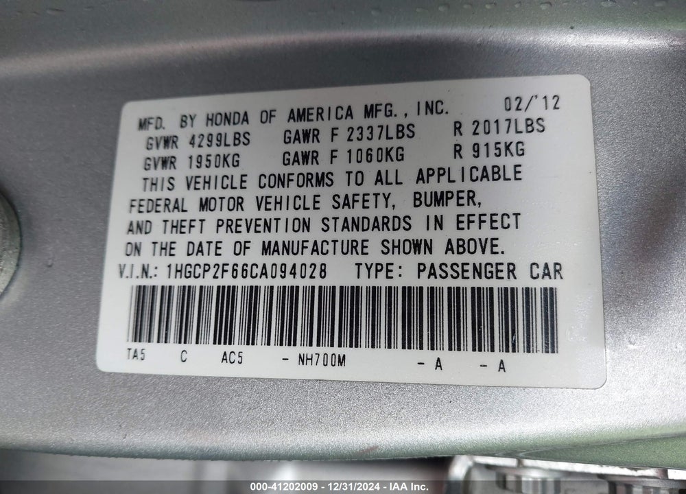 2012 HONDA ACCORD VIN: 1HGCP2F66CA094028