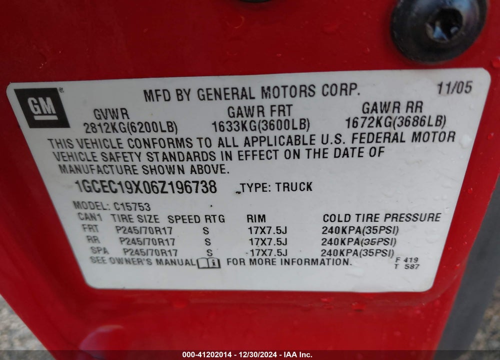 2006 CHEVROLET SILVERADO 1500 WORK TRUCK VIN: 1GCEC19X06Z196738