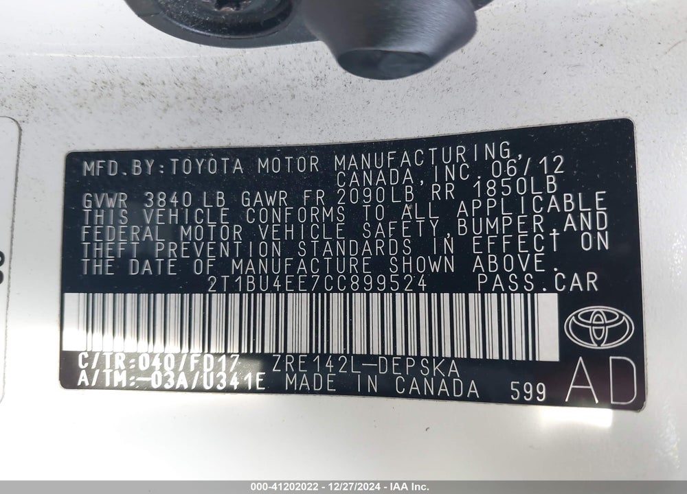 2012 TOYOTA COROLLA S VIN: 2T1BU4EE7CC899524