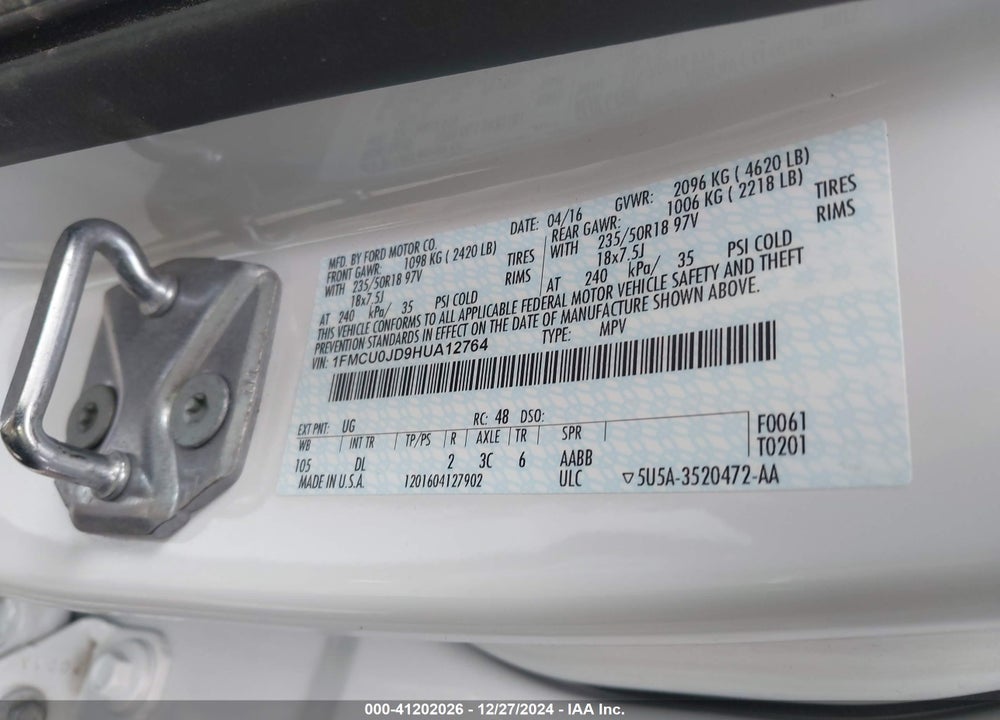 2017 FORD ESCAPE TITANIUM VIN: 1FMCU0JD9HUA12764