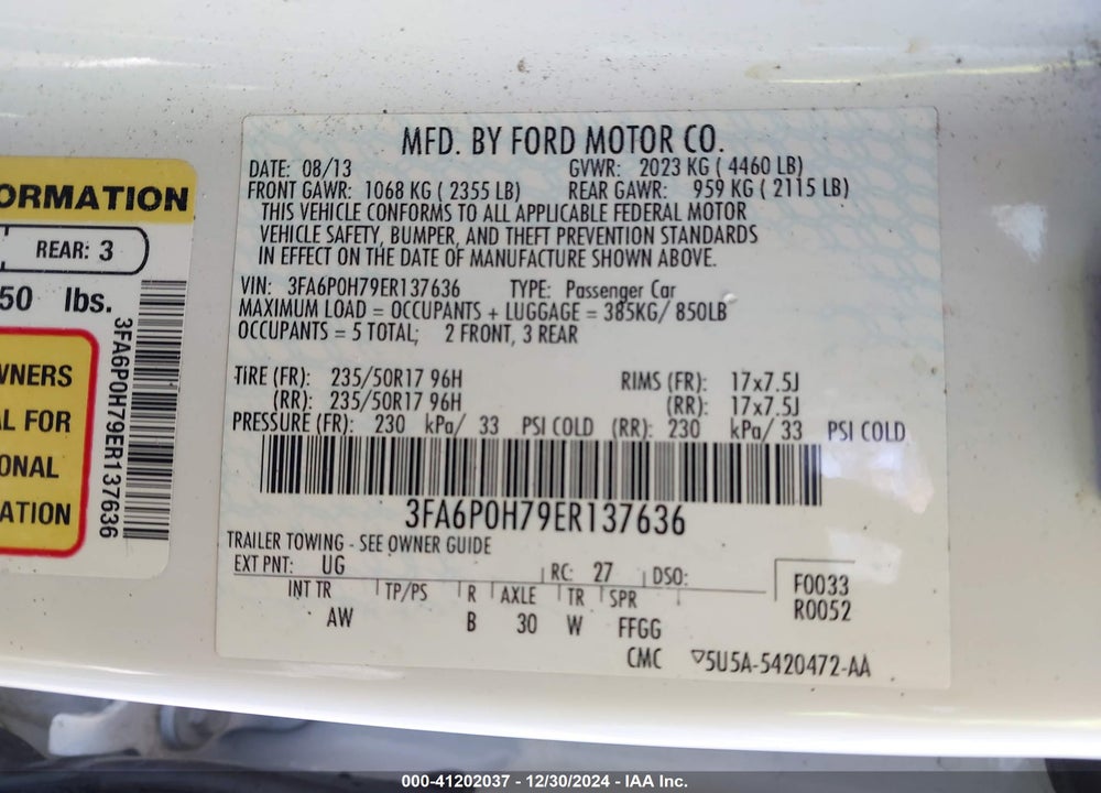 2014 FORD FUSION VIN: 3FA6P0H79ER137636