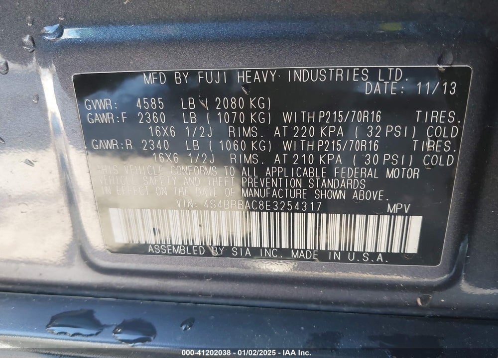 2014 SUBARU OUTBACK 2.5I VIN: 4S4BRBAC8E3254317