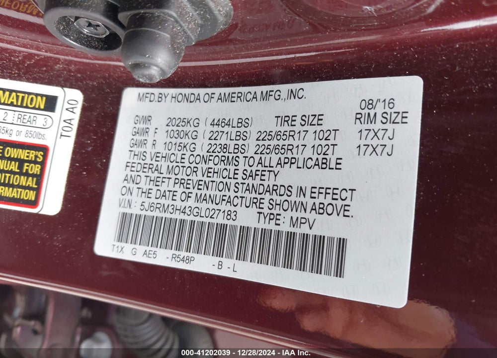 2016 HONDA CR-V VIN: 5J6RM3H43GL027183