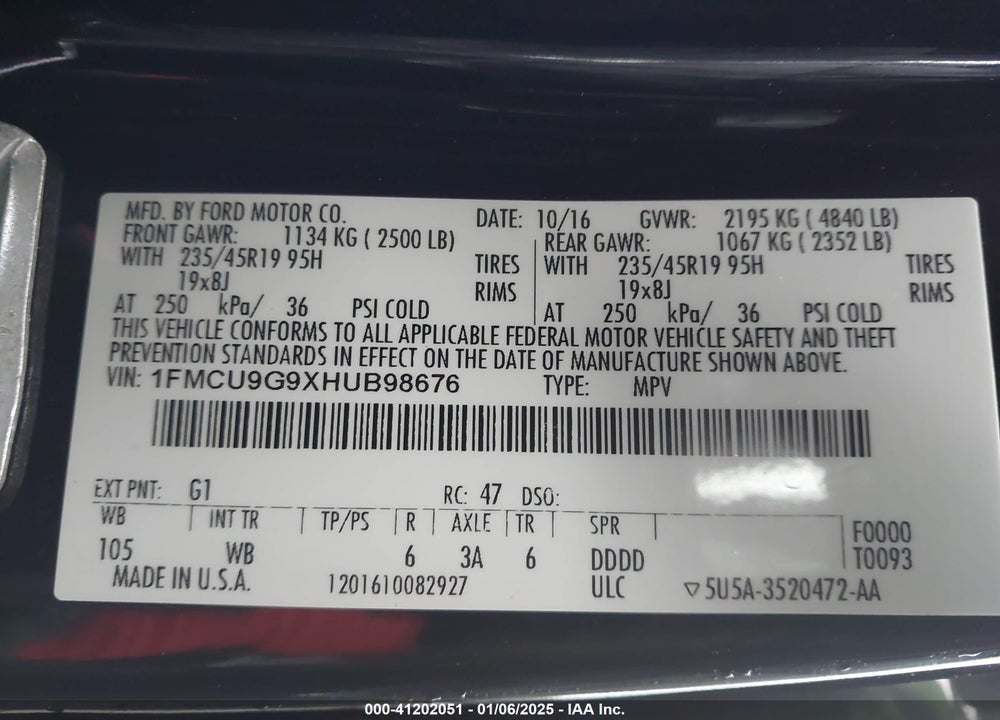 2017 FORD ESCAPE SE VIN: 1FMCU9G9XHUB98676