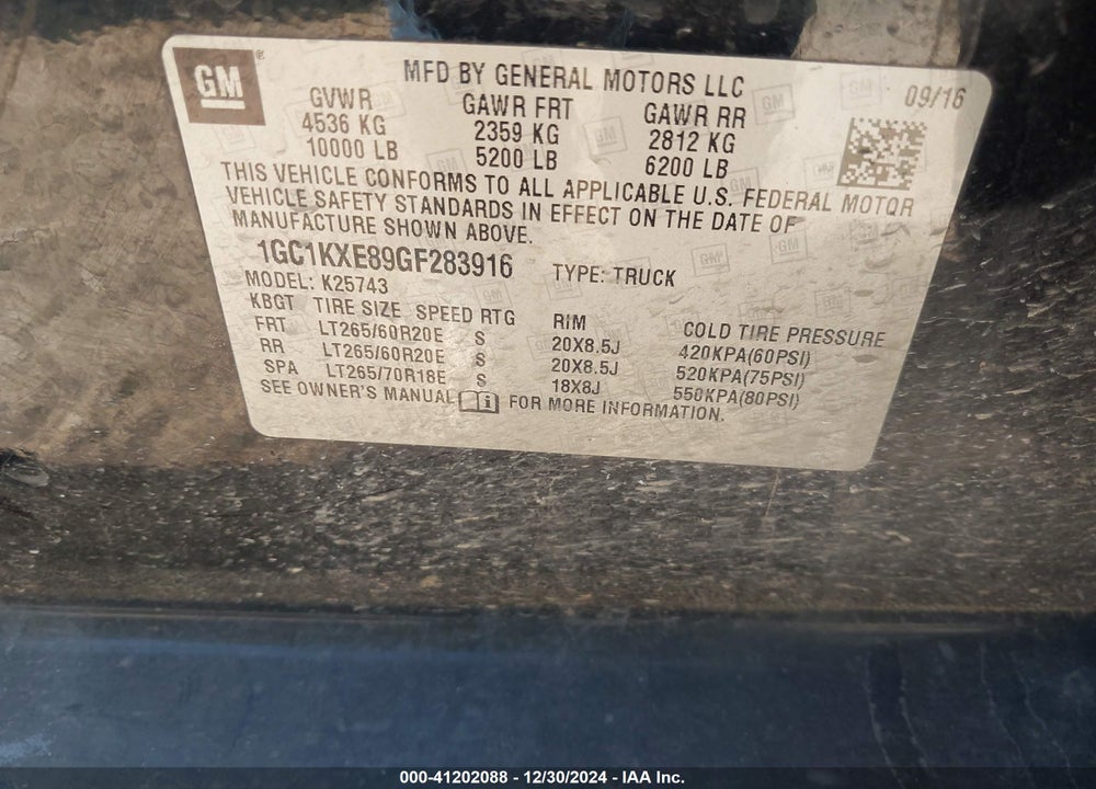 2016 CHEVROLET SILVERADO 2500HD VIN: 1GC1KXE89GF283916